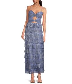 Gianni Bini Grace Metallic Plisse Sweetheart Neck Cut-Out Tiered Dress | Dillard's Metallic Pleated Dress For Gala, Metallic Ruched Dress For Spring, Spring Metallic Ruched Dress, Fitted Metallic Pleated Dress, Prom Dress Inspo, Purple Maxi Dress, Contemporary Dresses, Formal Dresses Gowns, Prom Dress Inspiration