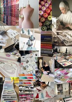 a collage of pictures with sewing supplies and mannequins