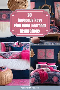 pink and blue bedroom with text overlay that reads 20 gorgeous navy pink boho bedroom inspirations