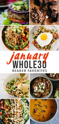 the cover of january whole 30 reader's favorites, with images of food