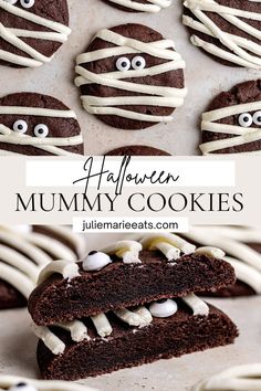 chocolate cookies decorated with white icing and googly eyes are shown in the foreground