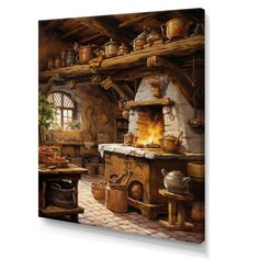 a painting of an old fashioned kitchen with pots and pans on the stove top