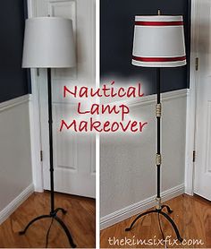 a lamp that is on top of a tripod in front of a door with the words nautical lamp makeover over it