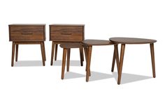 three wooden tables sitting next to each other