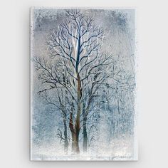 a painting of a tree in winter with snow on the ground and trees without leaves