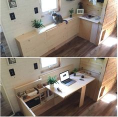 two pictures of a small home office area