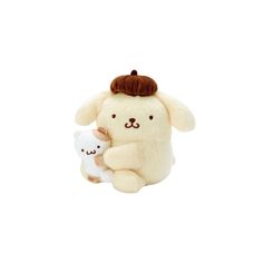 a stuffed animal with a small white dog on it's back legs, sitting in front of a white background