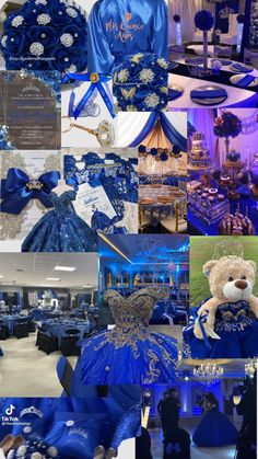 a collage of photos with blue and gold decorations, teddy bear, table cloths, and other items