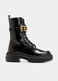 Fendi Boots, Womens Biker Boots, Fendi Eyewear, High Boots Outfit, Leather Biker Boots, Fendi Logo, Biker Boots, Gold Logo, Designer Boots