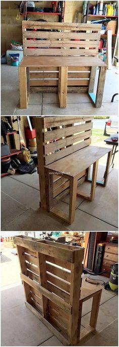 two pictures of the same bench made out of pallets