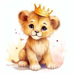 a little lion cub with a golden crown on its head sitting in front of a white background