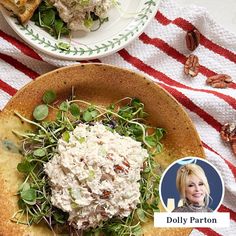 two plates filled with food on top of a red and white striped table cloth next to an image of dolly patron