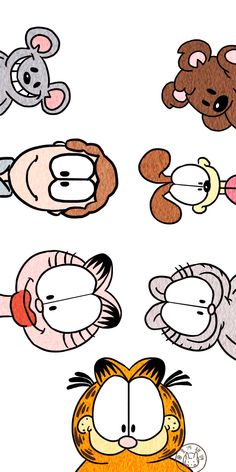 several cartoon animals with different facial expressions on their faces, including an orange cat and two brown bears