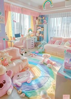 Pastel Apartment Aesthetic Living Room, Pastel Room Inspo Aesthetic, Cozy Pastel Aesthetic, Pastel Kawaii Room, Pastel Bedroom Aesthetic, Pastel Rainbow Bedroom, Kawaii Living Room, Pastel Rainbow Room, Kawaii Room Aesthetic