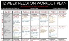 the 12 week peloton workout plan is shown in black and white with red lettering