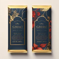 two chocolate bar wrappers with gold trim and floral designs on them, one is blue and the other is red