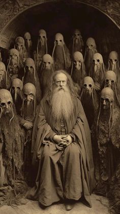 an old man sitting in front of a group of creepy men with long hair and beards