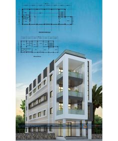 an architectural drawing of a building with balconies