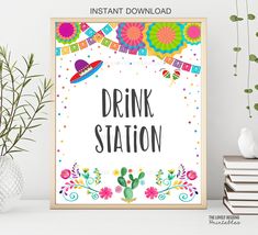 a poster with the words drink station on it next to some books and potted plants