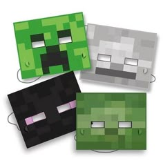 four different minecraft creeper paper coasters with eyes, nose and mouth on them