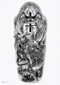 Sleeve Tattoo Concepts, Og Tattoos Ideas Men, Good Half Sleeve Tattoos For Men, Half Sleeve Bicep Tattoo For Men, Cross Bicep Tattoo Men, Catholic Sleeve Tattoo Men, Christian Leg Sleeve Tattoos, Mens Sleeve Tattoo Ideas For Guys, Fallen Angel Tattoo Sleeve