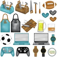 a variety of items are shown in this graphic style, including an apron, watch, and other things