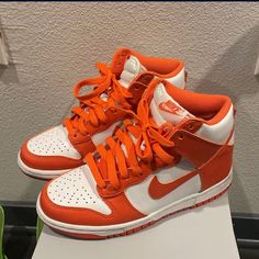 Authentic Nike Syracuse Orange High Top Dunks. Unfortunately I Don’t Have The Box Anymore As It’s Been Stored In A Sneakers Collective Clear Box. Currently On Stockx And Goat For Over $400 In This Size Nike Shoes Orange, High Top Dunks, Orange Nike Shoes, Shoes Orange, Nike High Tops, Clear Box, Nike Dunks, Womens Shoes Sneakers, High Top