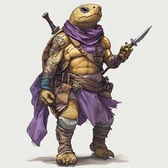 a drawing of a tortoise holding two swords