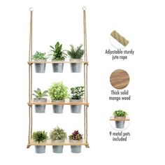 the four tiered plant stand has plants on it and is labeled with instructions to grow them