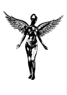 a black and white drawing of a woman with wings on her back, in the shape of an angel