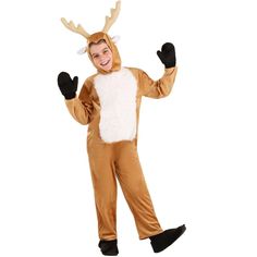 a man in a reindeer costume is standing with his hands up and smiling at the camera