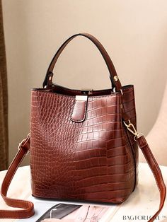 BagForLove - Crocodile Embossed Mini Bucket Bag Brown Single Handle Bucket Bag, Cheap Crossbody Bags, Bucket Handbags, Mini Bucket, Mini Bucket Bags, Bucket Bags, Handbag Patterns, Crocodile Leather, Leather Bucket Bag