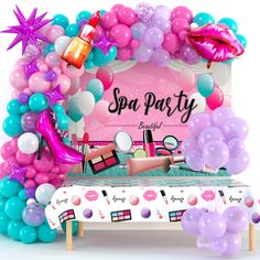 an image of a party setting with balloons and lipstick on the table, including a sign that says spa party