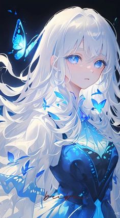 Girl With White Hair, Blue Eyes, Butterflies, Blue, White