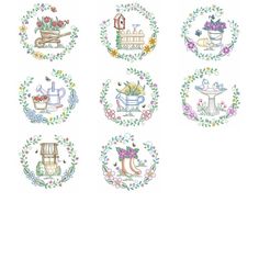 six different embroidered designs with flowers and birdhouses in the center, all on white background