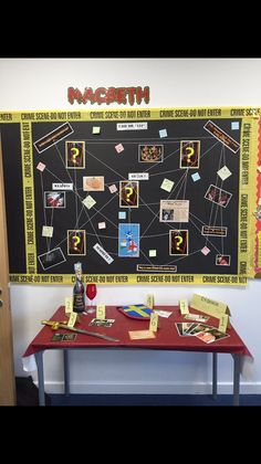 a bulletin board with post it notes and magnets on it next to a red table