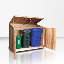 an open wooden storage box filled with lots of different colored trash cans and containers on top of it