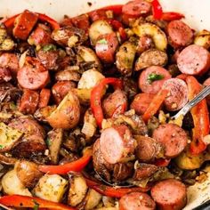 Sausage Skillet Recipe, Sausage And Potatoes Skillet, Roasted Rainbow Carrots, Blueberry Crumb Cake, Sausage Skillet, Potato Skillet, Red Pepper Dip, Stuffed Pepper Dip, Skillet Dishes