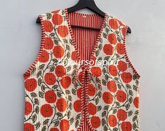 Cotton Quilted Waistcoat Vintage Style Quilted Vest Jackets, V-neck Floral Coat Holidays Gifts Sleeveless Jacket for Women Gifts - Etsy Türkiye Fall Cotton Quilted Vest, Fall Quilted Cotton Vest, Quilted Cotton Sleeveless Vest, Winter Quilted Cotton Vest, Red Sleeveless Cotton Outerwear, Sleeveless Red Cotton Outerwear, Spring Orange Cotton Vest, Vintage Cotton V-neck Outerwear, Casual Orange Cotton Vest