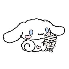 a drawing of a dog holding a stack of books with eyes closed and one eye open