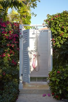 an open white door leading into a lush green garden with pink flowers and greenery