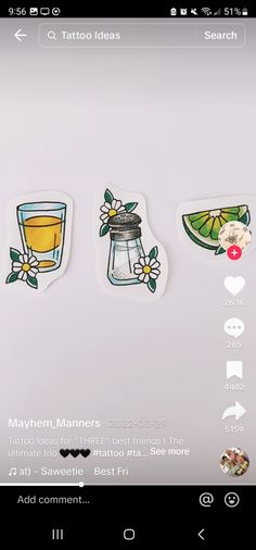 some stickers that are on the side of a cell phone with food and drinks