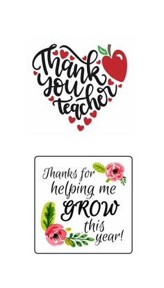 two thank stickers with the words thank teacher and an apple on top of them