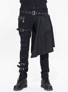 Buy Steampunk Black Slim Gothic Detachable Waistband Men' Ripped Trousers on Lolitain.com. Choose your perfect classic lolita dress, gothic lolita dress, and more. Regular discounts up to 50% off. Mens Leather Pants Goth, Gothic Tailcoat, Steampunk Mens Fashion, Cotton Pants Men, Steampunk Men, Gothic Pants, Distressed Pants, Cotton Casual Pants, Steampunk Clothing