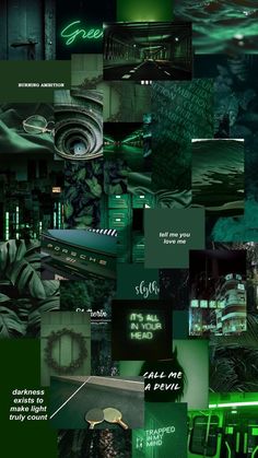 a collage of green and black images