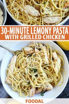 two pictures showing different types of pasta with chicken and lemons in the background, one is