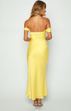 Elegant Yellow Maxi Dress For Prom Season, Yellow Satin Party Gown, Yellow Fitted Maxi Dress For Prom, Yellow Satin Gown For Party, Formal Yellow Maxi Dress, Yellow Off-shoulder Maxi Dress For Party, Yellow Formal Dress For Party Season, Yellow Floor-length Maxi Dress For Prom, Fitted Yellow Evening Dress For Bridesmaid