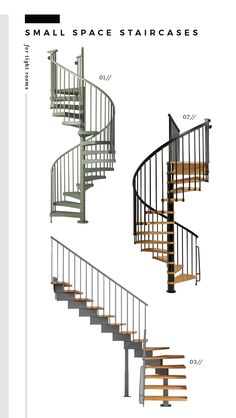 spiral staircases are shown in three different sizes and colors, with the measurements for each stair