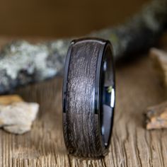 black ring with Old grey barnwood inlay Wood Rings Women, Koa Wood Ring, Mens Wedding Bands Unique, Wood Inlay Rings, Carbon Fiber Rings, Wood Wedding Band, Barrel Rings, Antler Ring, Black Wedding Band