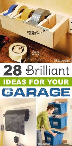 there are two pictures that show how to organize the space in your garage with storage boxes